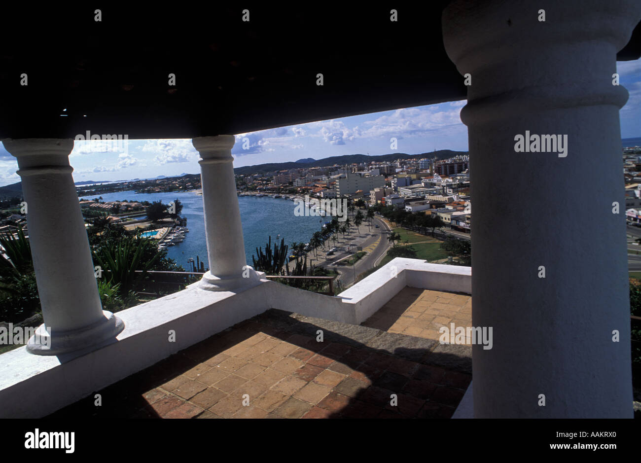 View of Cabo Frio city from the Nossa Senhora da Guia Chapel, Rio de Janeiro state, Brazil. Stock Photo