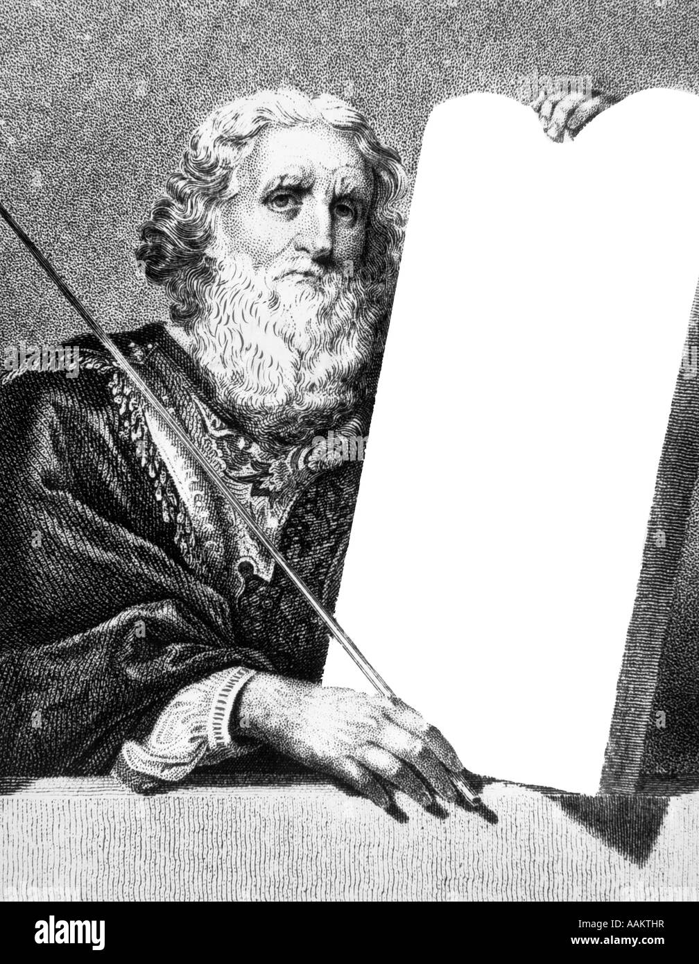 ENGRAVING OF MOSES HOLDING STONE TABLET Stock Photo