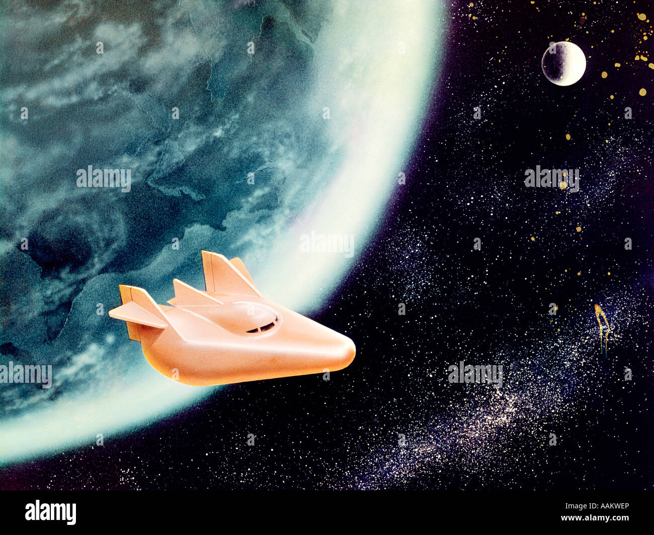 1960s ILLUSTRATION OF M-2 WINGLESS SPACE SHIP VEHICLE LEAVING EARTH ORBIT MOON SCIENCE FICTION SCI-FI Stock Photo