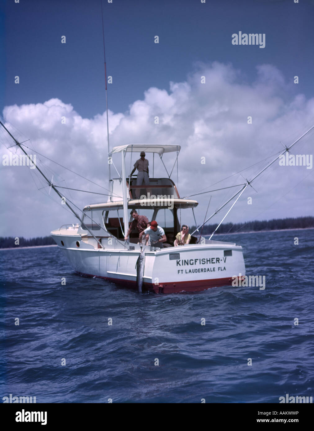1950s CHARTER FISHING BOAT MAN LIFTING CATCH INTO BOAT ...