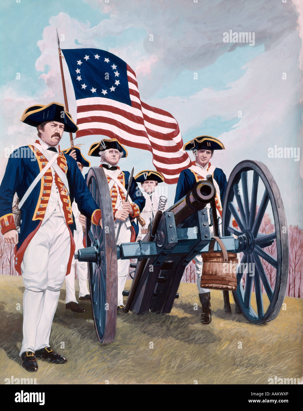 PAINTING ILLUSTRATION OF ARTILLERY CANNON CREW OF SOLDIERS MEN AMERICAN REVOLUTION 1776 TRICORN HAT UNIFORM FLAG Stock Photo