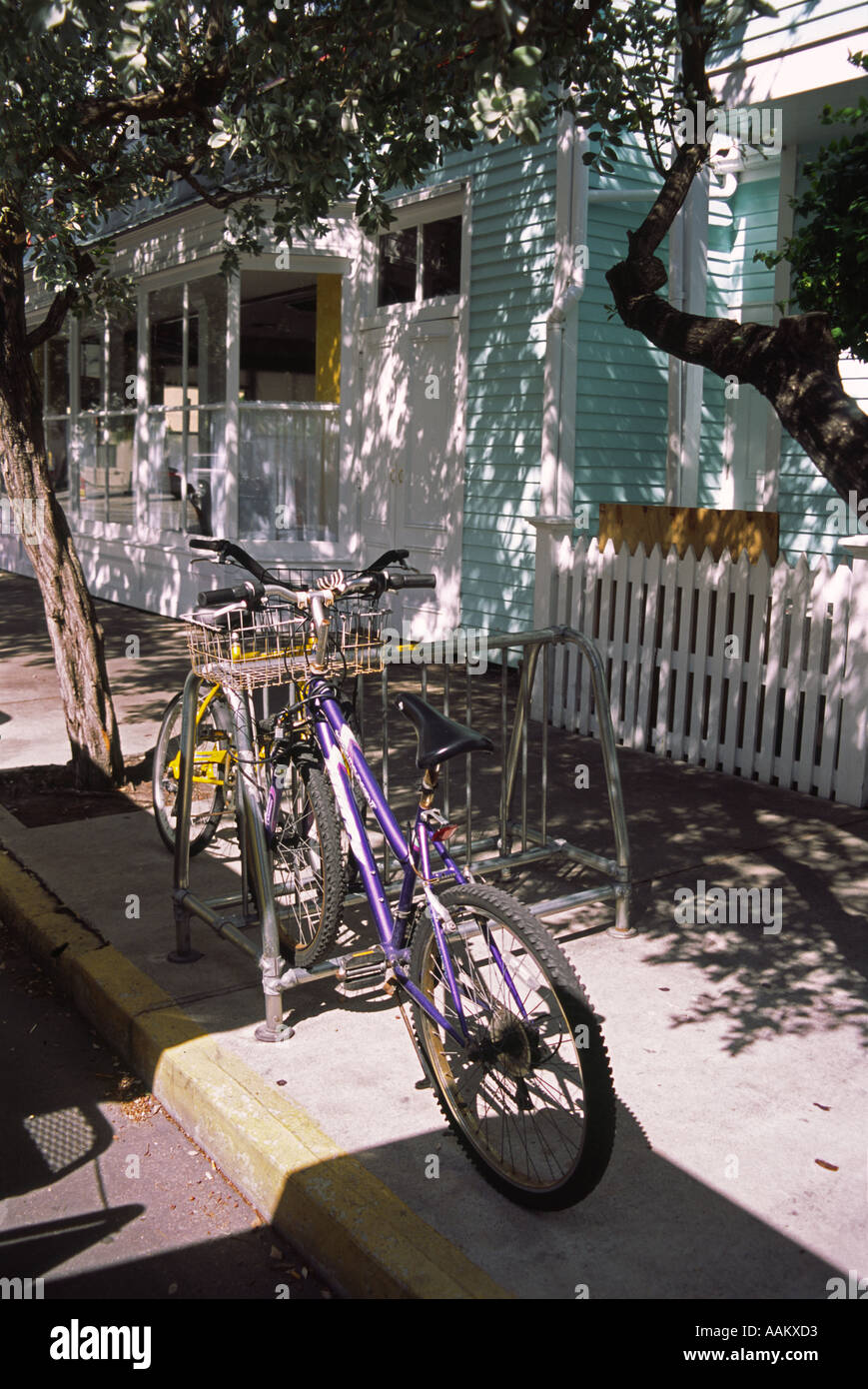 Bicycles parked at curb a typical street scene in Key West Florida USA