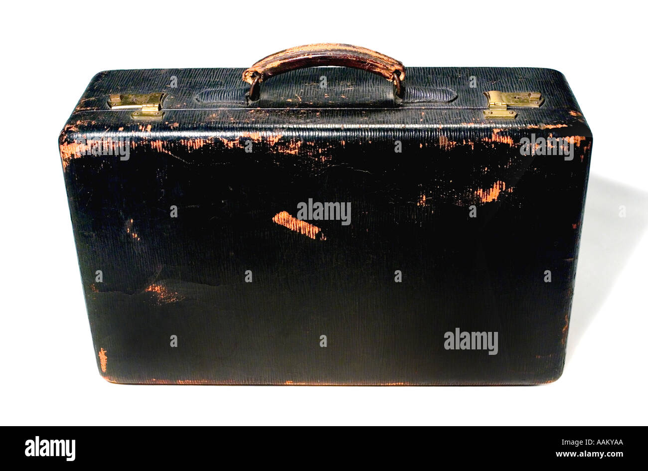 Old black Suitcase travel traveling carry on pulls bag valise overnight luggage case grip Stock Photo