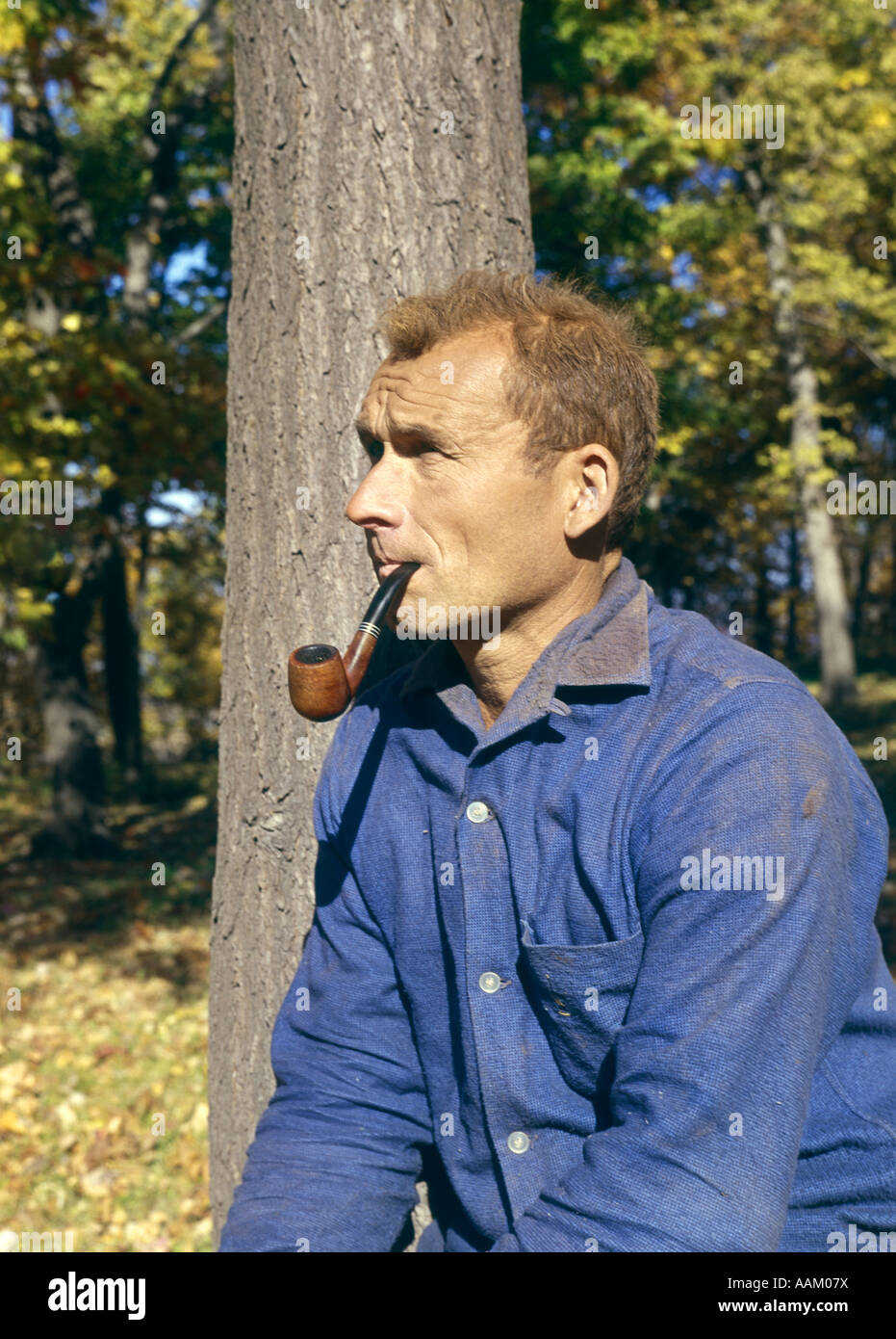 1960s MAN LEANING ON A TREE SMOKING PIPE OUTDOORS Stock Photo