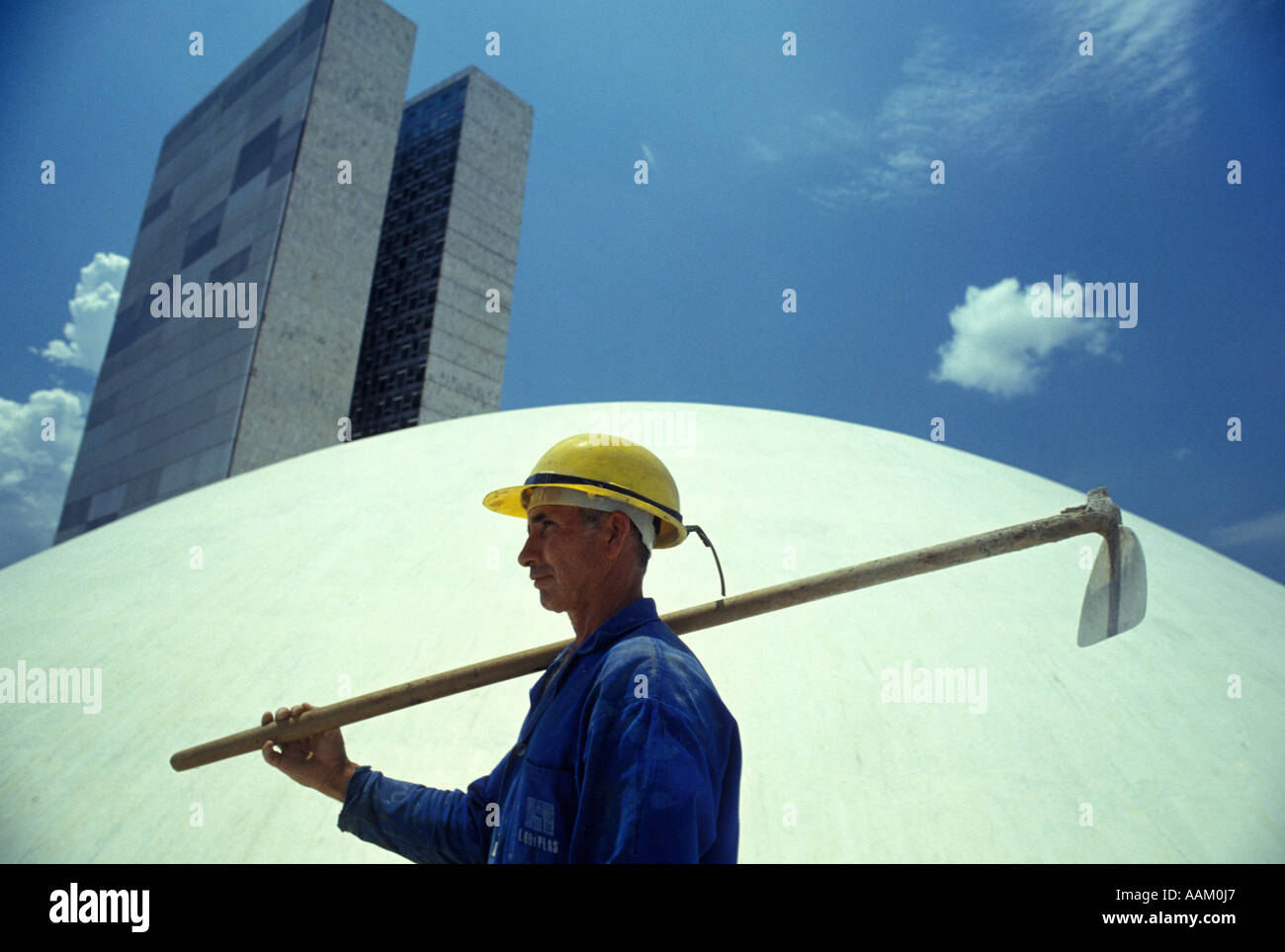 Construction worker in Brasilia ( Brazilia ), capital of Brazil. Building of the National Congress. Stock Photo
