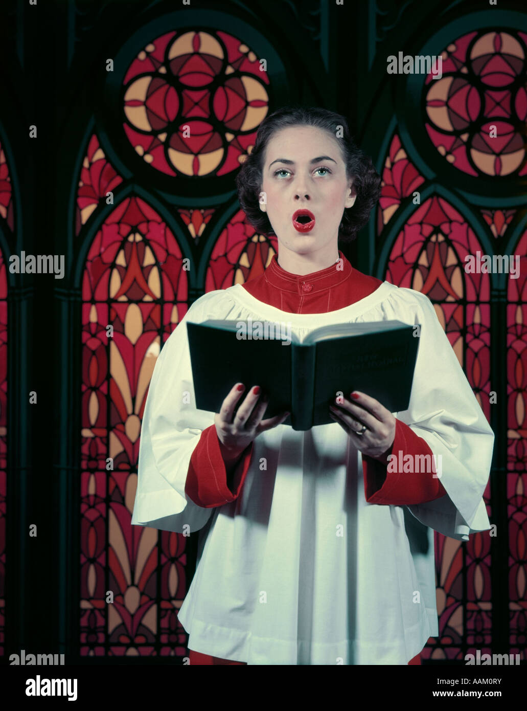 1950s WOMAN RED WHITE CHOIR ROBES SINGING HOLDING MUSIC HYMN