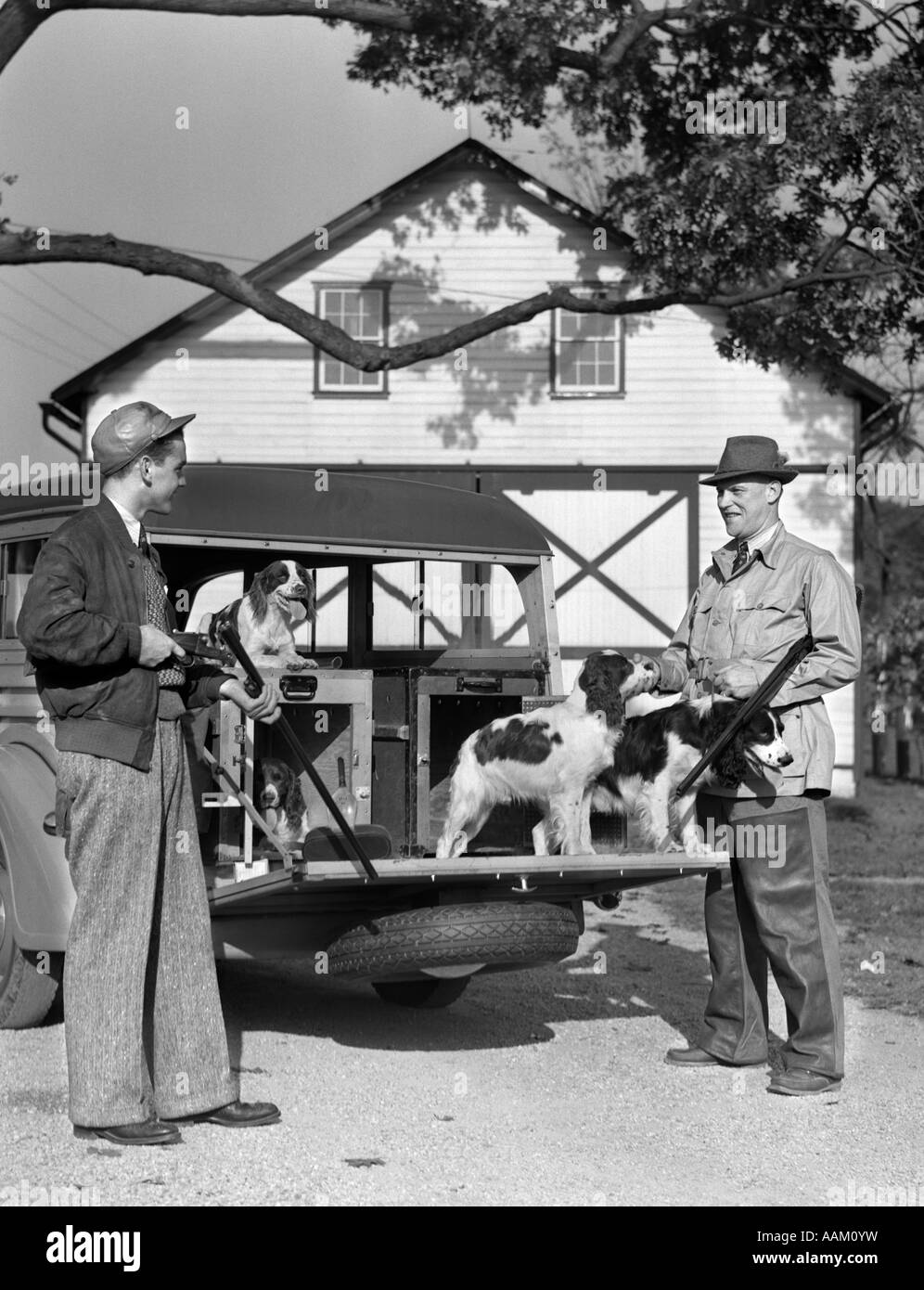 1930s 1940s TWO MEN HOLDING SHOTGUNS AT REAR OF A STATION WAGON WITH SPANIEL HUNTING DOGS ONBOARD Stock Photo