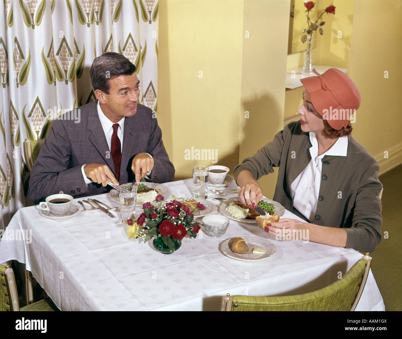 1950s 1960s COUPLE MAN WOMAN EAT MEAL AT TABLE RESTAURANT PRINT ...