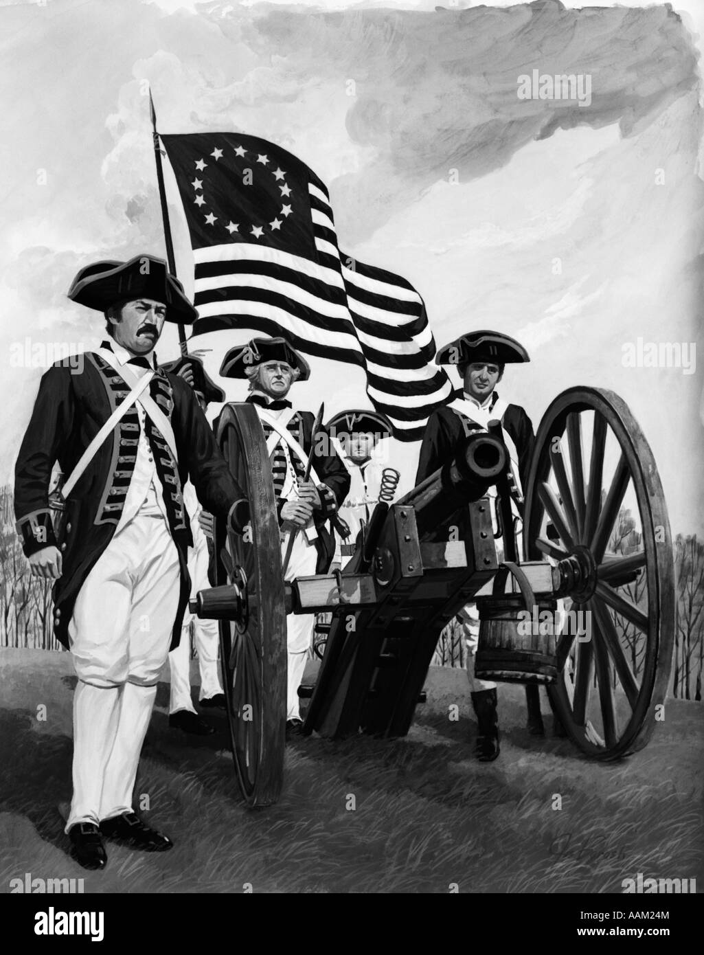 GROUP OF FOUR REVOLUTIONARY WAR SOLDIERS MEN STANDING AROUND CANNON WITH FLAG OF ORIGINAL THIRTEEN COLONIES 1776 GUN CREW Stock Photo