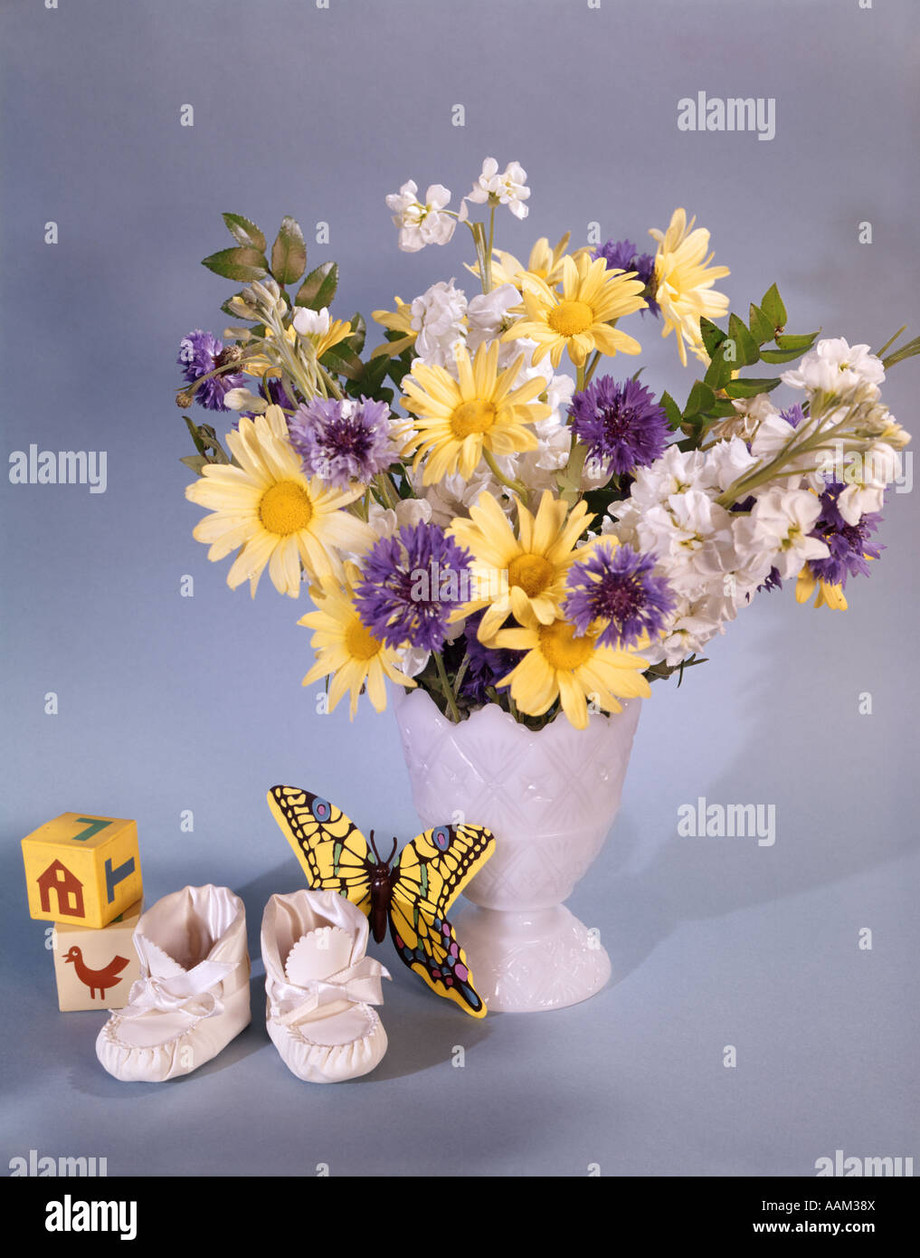 1960s 1970s Spring Bouquet Flowers Vase Baby Booties Toy Blocks