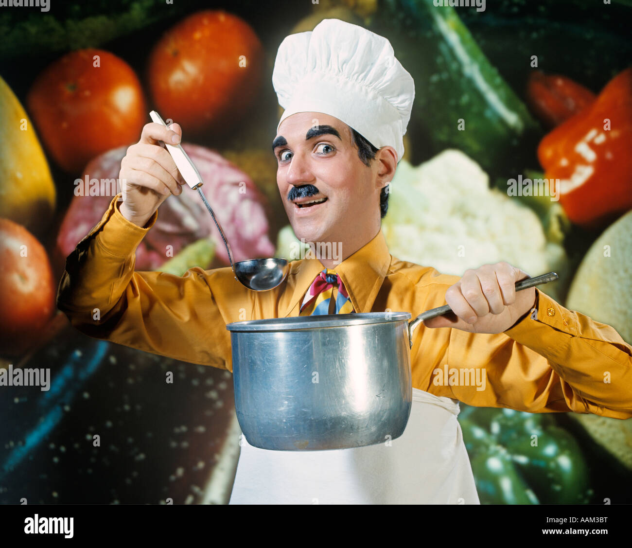 1970s FUNNY CHARACTER MAN IN CHEF HAT TOQUE HOLDING LADLE & SOUP POT