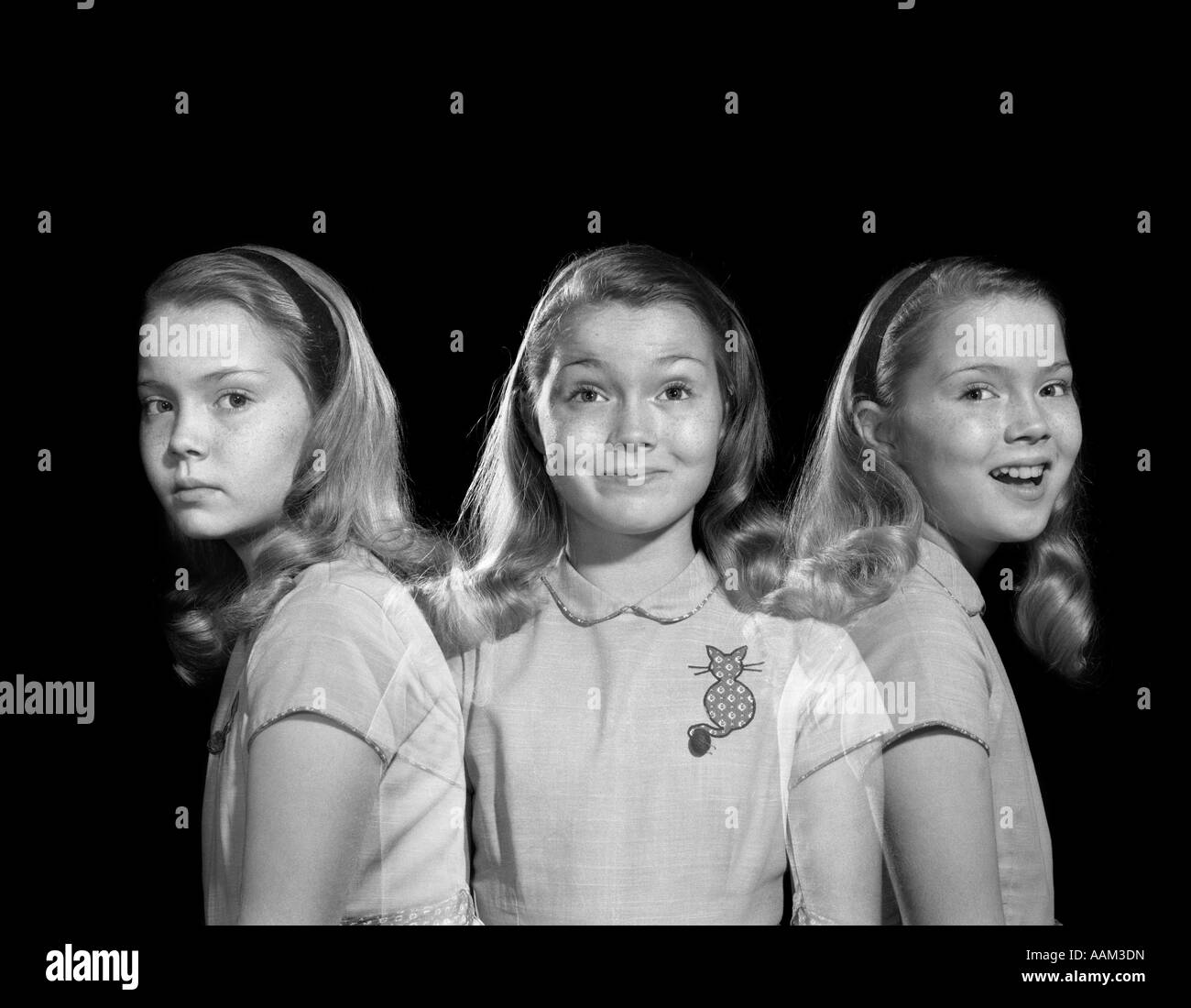 1950s 1960s MULTIPLE EXPOSURE GIRL GOING FROM HAPPY TO SAD THREE FACIAL EXPRESSIONS LOOKING AT CAMERA Stock Photo