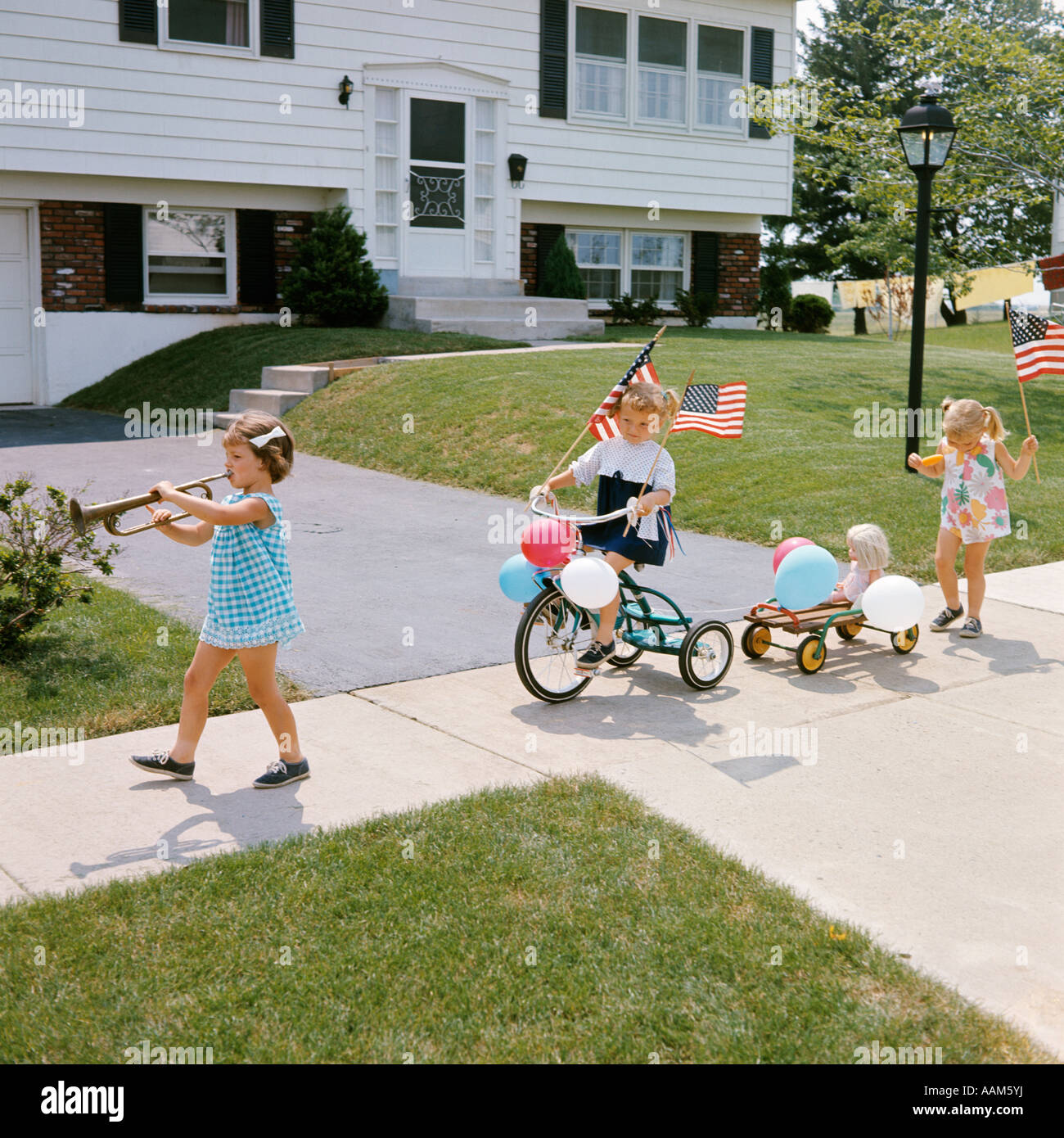 1960s THREE GIRLS DECORATED TRICYCLE SIDEWALK PARADE AMERICAN FLAGS