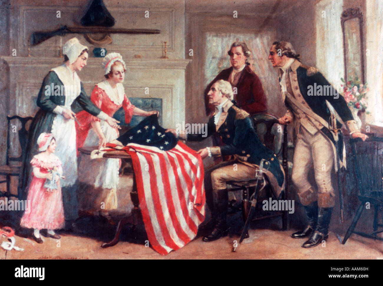 PAINTING OF BETSY ROSS & THE FIRST STARS & STRIPES 1777 BY DUNSMORE AMERICAN FLAG FLAGS REVOLUTIONARY WAR SEAMSTRESS Stock Photo