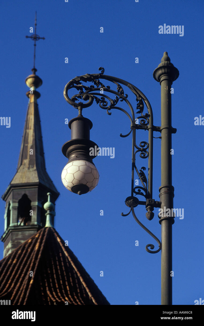Street Lamp and Church Steeple Old Jewish Quarter Prague Czech Republic Stock Photo