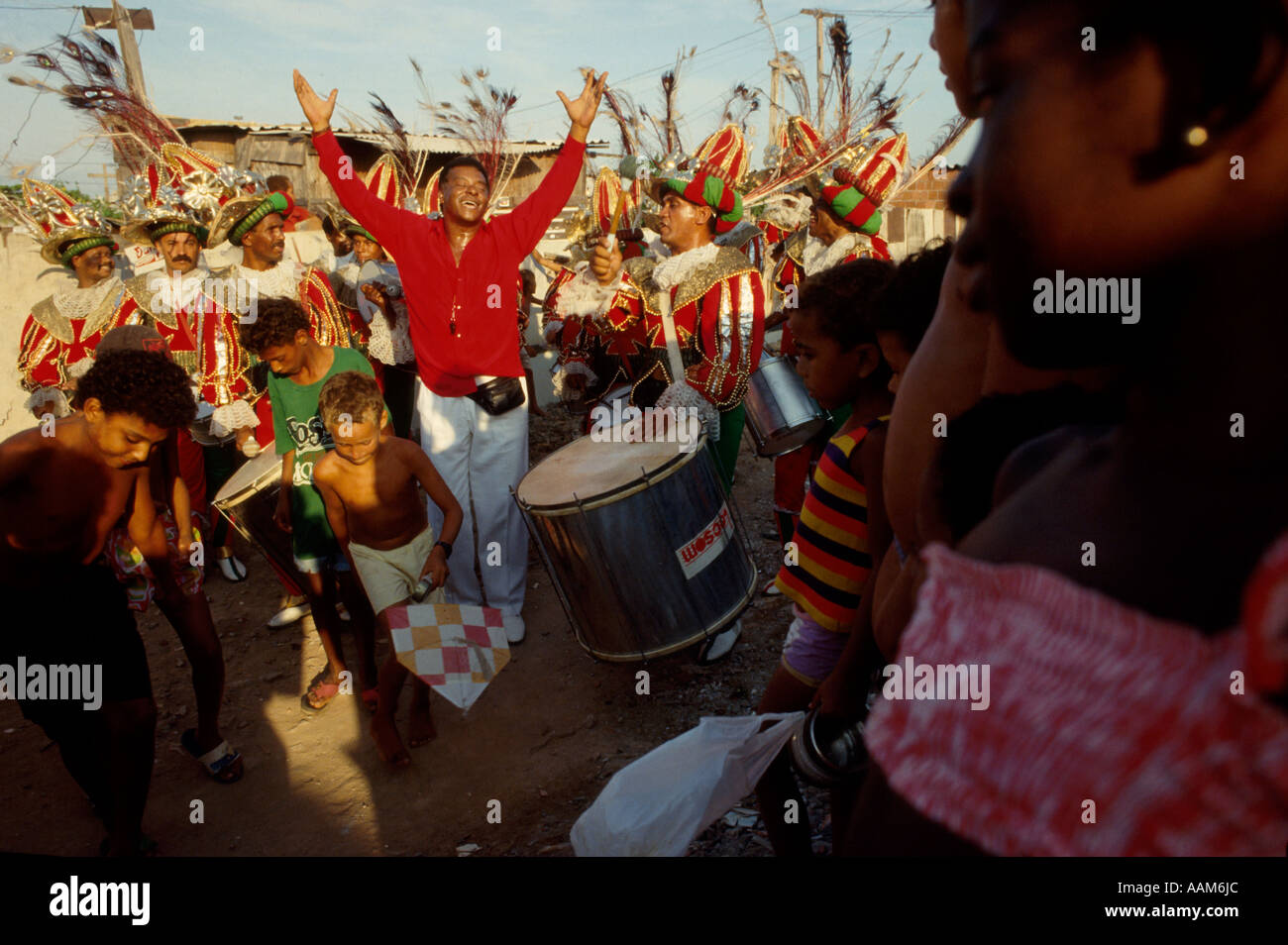 Carnival Percussion instruments players on the way to the Samba Schools Parade Rio de Janeiro Brazil bateria conductor Stock Photo