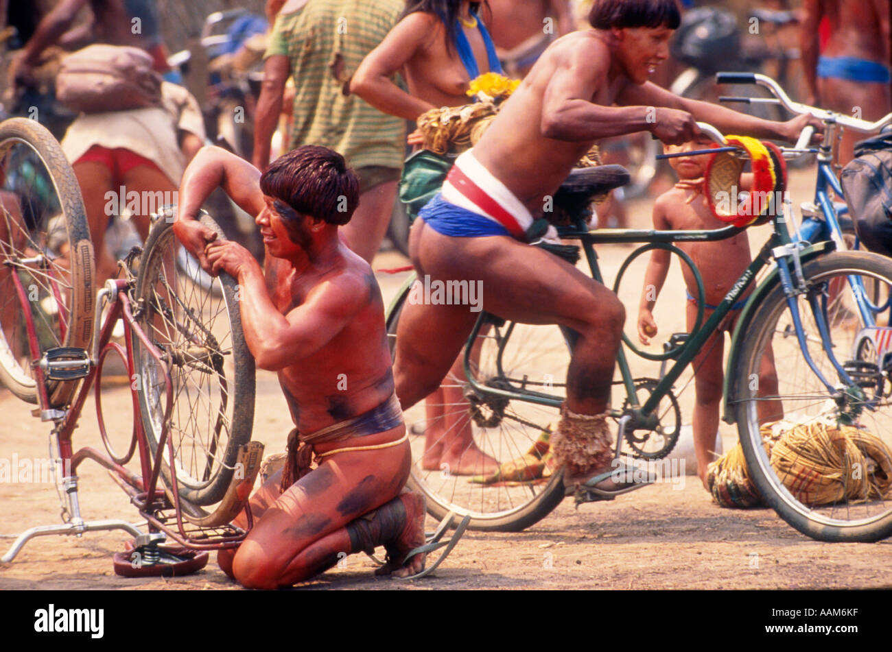 Xingu Amazon Brazil Indigenous People celebrating Yamuricumã Party at Kamayurá tribe Stock Photo