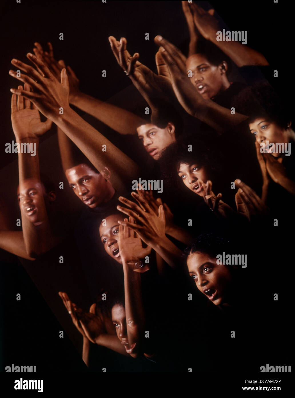 1970 1970s MONTAGE MULTIPLE EXPOSURE AFRICAN-AMERICAN FACES ARMS HANDS GOSPEL SINGERS SINGING CHORUS Stock Photo