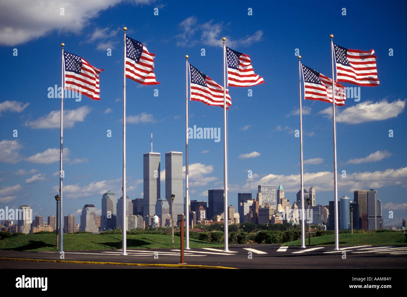 NEW YORK NY LOWER MANHATTAN SKYLINE SEEN THROUGH FLAGS Stock Photo