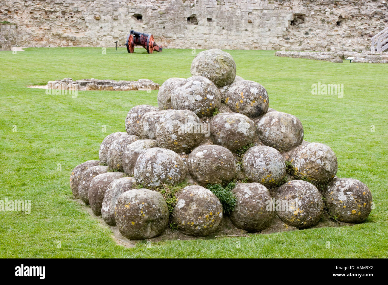 Trebuchet balls excavated from the moat at Pevensey Castle Stock Photo