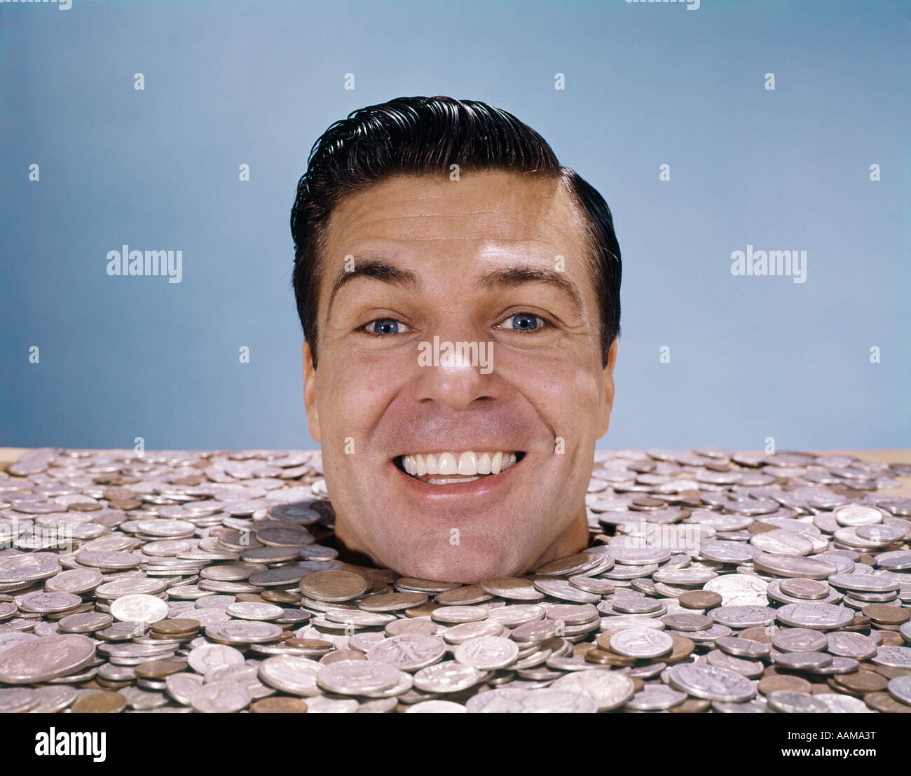 1960s MANS FACE HEAD BURIED UP TO NECK IN COINS MONEY HAPPY WEALTH LUCK