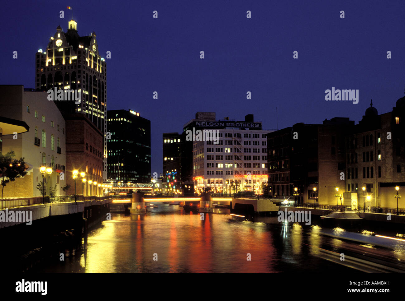 MILWAUKEE WI DOWNTOWN AT NIGHT RIVER WALKS Stock Photo