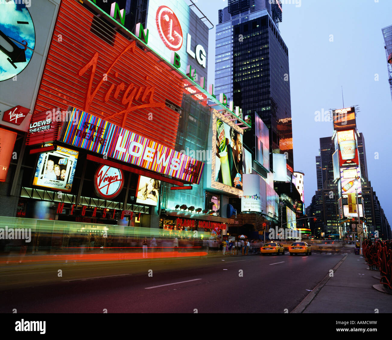 NEW YORK NY TIMES SQUARE AT DUSK VIRGIN MEGA STORE BETWEEN 45TH AND