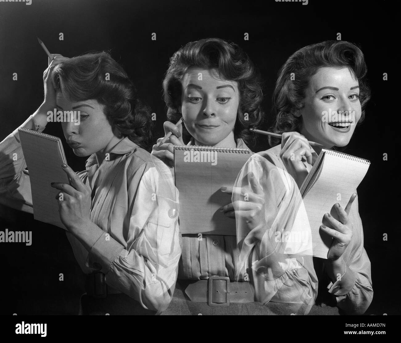 1950s WOMAN OFFICE WORKER HOLDING PENCIL AND NOTEPAD MAKING VARIOUS FACIAL EXPRESSIONS PRINTED THREE TIMES Stock Photo