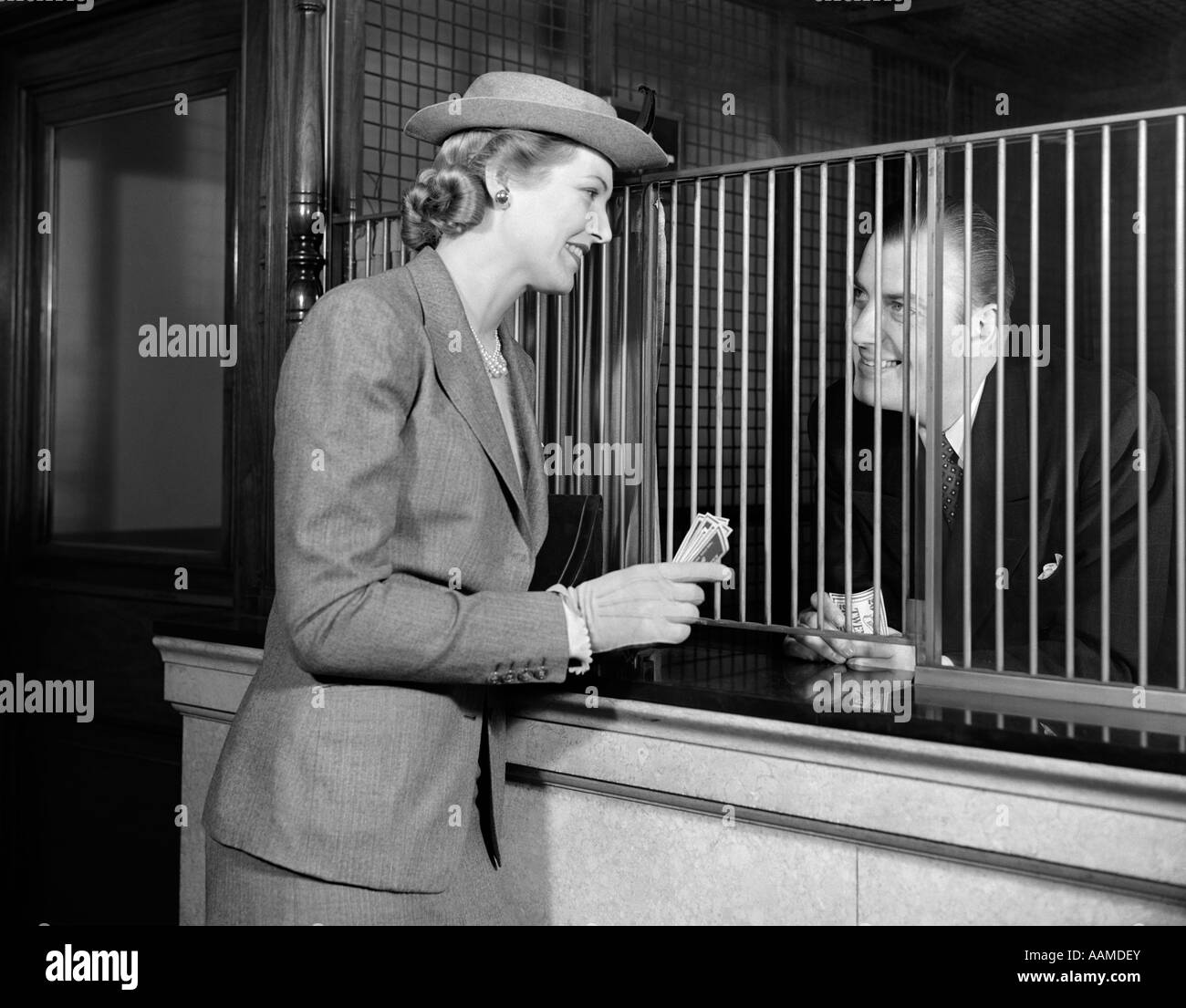 1940s BANK TELLER FINANCE CUSTOMER WOMAN MAN MONEY COMMERCE HAT SUIT ...
