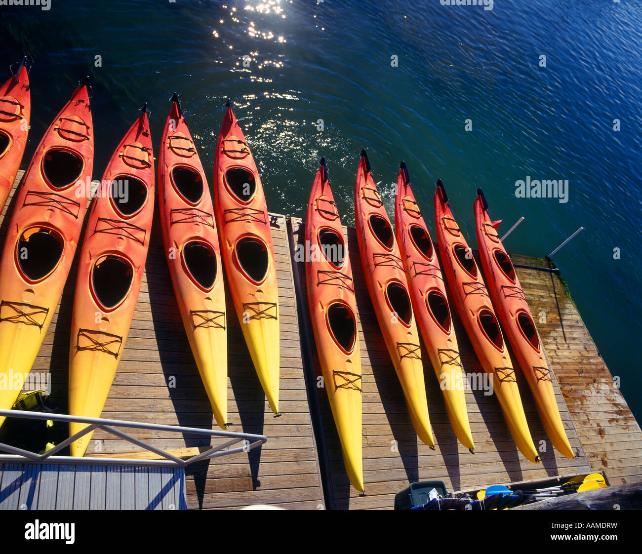 BAR HARBOR MOUNT DESERT ISLAND ME ROW OF KAYAKS ON DOCK IN HARBOR USED FOR GUIDED TOURS AROUND