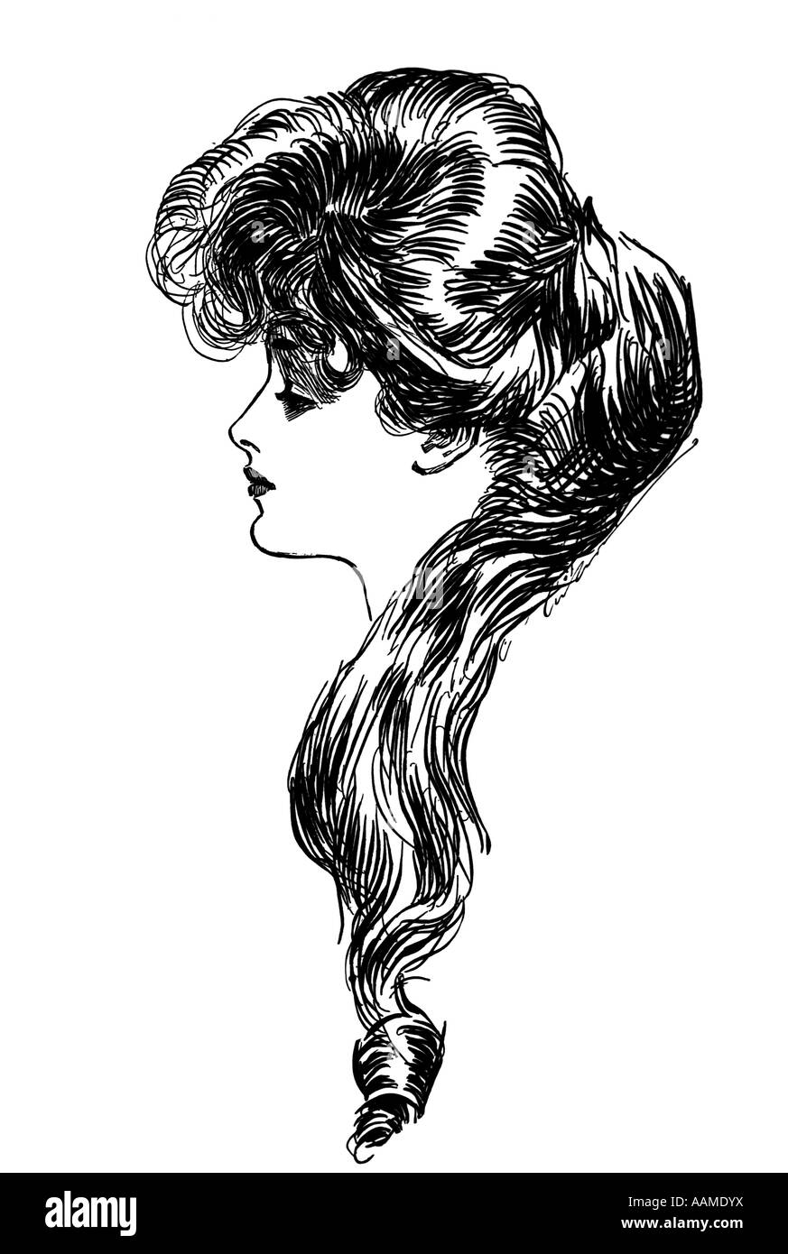 1890s 1900s PROFILE OF SKETCH OF TURN OF THE CENTURY WOMAN WITH HAIR CURLING & CASCADING OVER SHOULDER Stock Photo