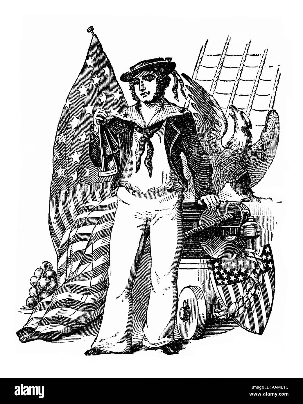 19TH CENTURY ENGRAVING OF OLD TIME SAILOR HOLDING SEXTANT NEXT TO EAGLE & AMERICAN FLAG Stock Photo