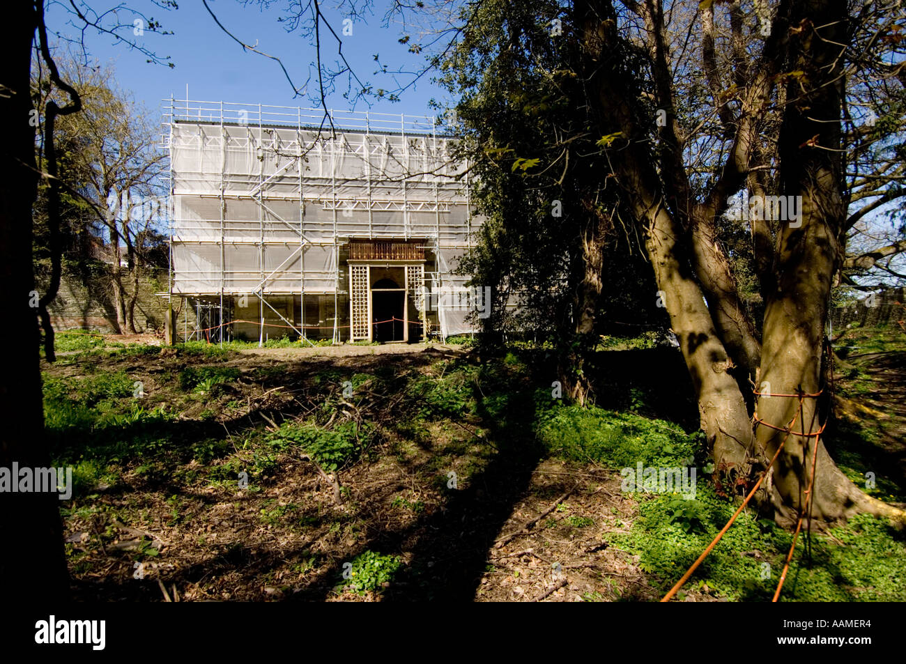 Cardigan Castle wales being renovated and under plastic wraps Stock Photo