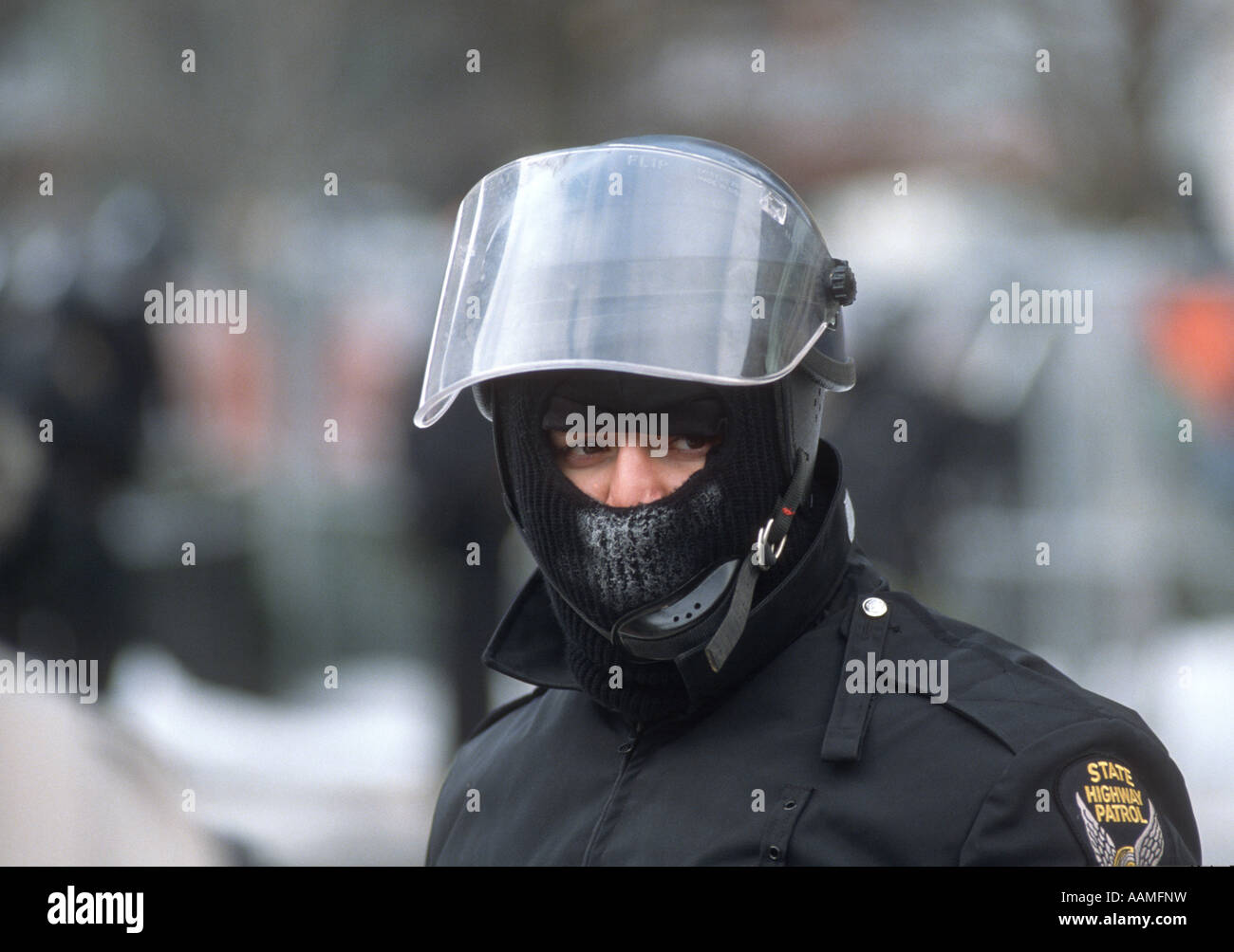 Highway Patrol officer in riot gear Columbus Ohio during Ku Klux Klan rally Stock Photo