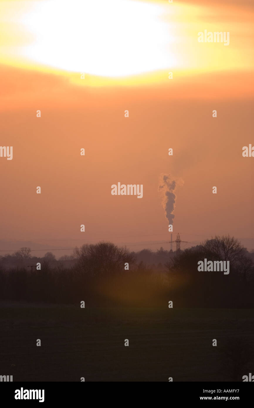 Blue Circle cement works Westbury Wiltshire seen from Alton Barnes in Pewsey Vale Chimney belching smoke Stock Photo