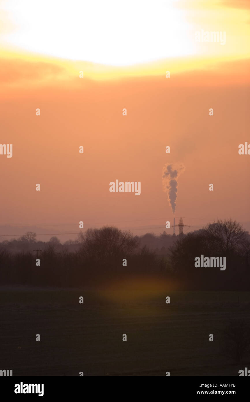 Blue Circle cement works Westbury Wiltshire seen from Alton Barnes in Pewsey Vale Chimney belching smoke Stock Photo