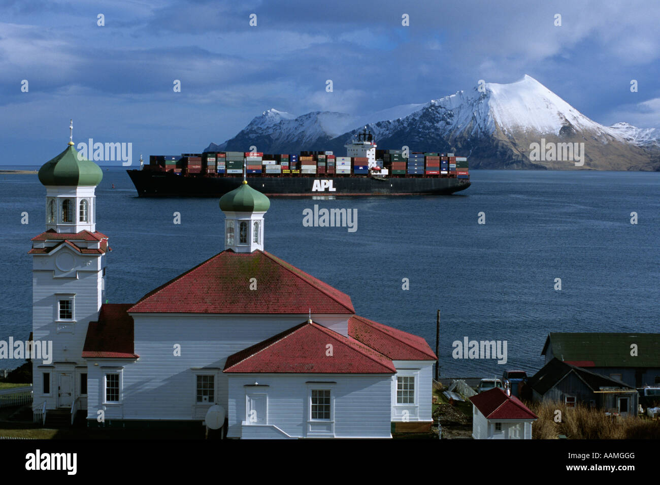 FREIGHTER HOLY ASCENSION RUSSIAN ORTHODOX CATHEDRAL UNALASKA ALASKA Stock Photo