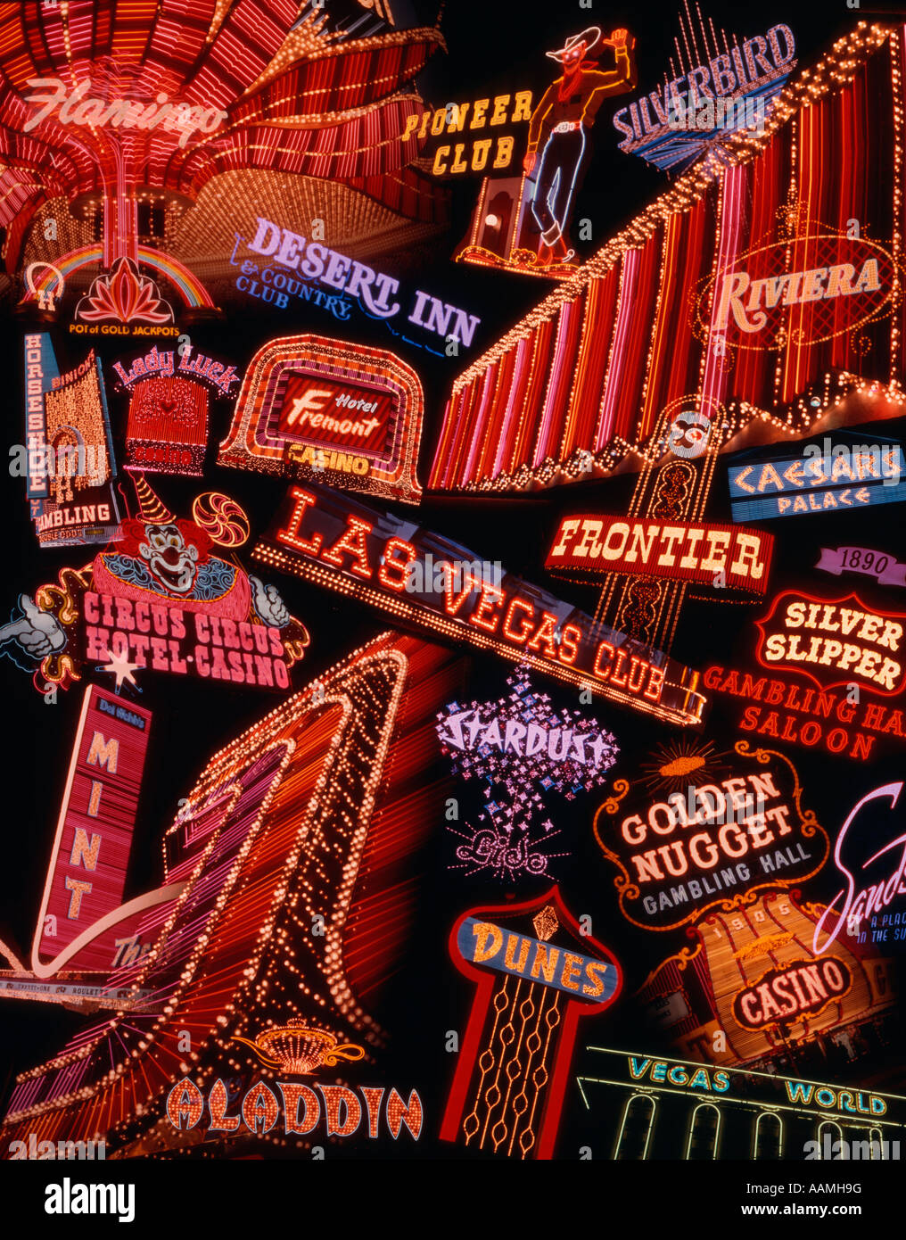 1960s 1970s MONTAGE OF LAS VEGAS NEON SIGNS Stock Photo