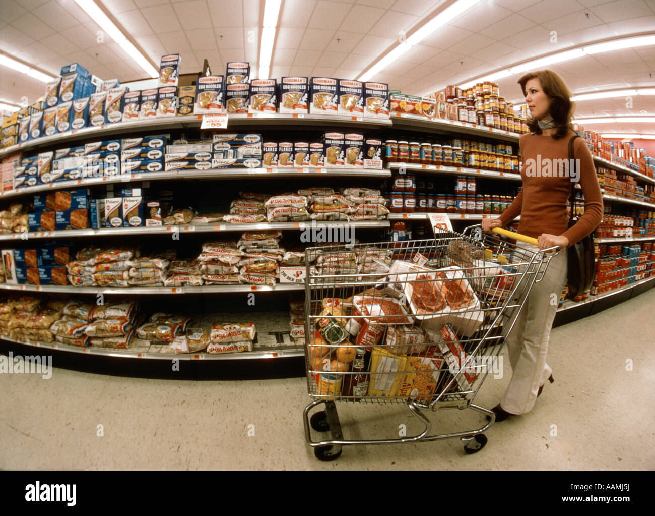 RETRO WOMAN 1970 1970s GROCERY SHOPPING PUSHING CART Stock RETRO WOMAN 1970 1970s GROCERY SHOPPING PUSHING CART Stock