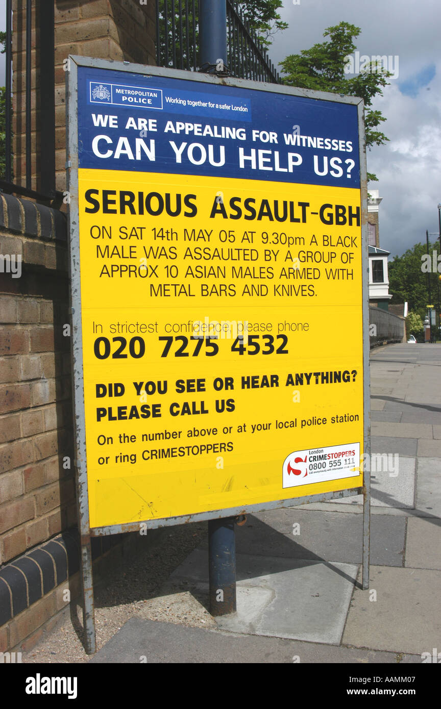 Metropolitan Police sign appealing for information concerning a GBH assault London UK Stock Photo