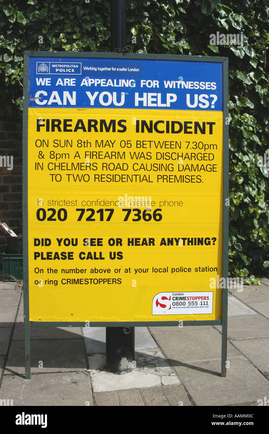 Metropolitan Police sign appealing for information concerning a firearms incident London UK Stock Photo