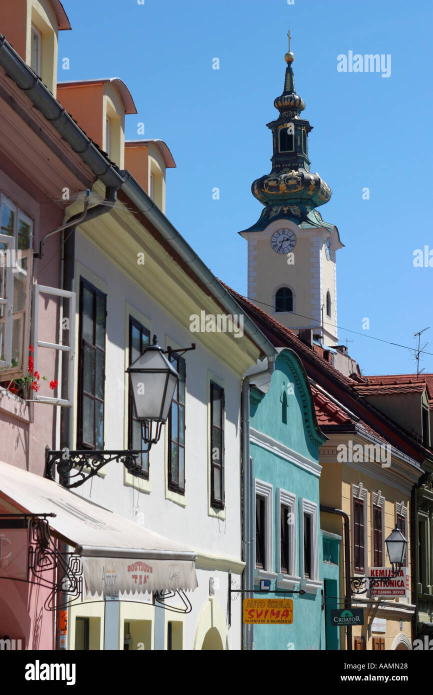 Tkalciceva Street Pedestrian Area of Old Town With Church of Saint Mary Steeple Zagreb Croatia Hrvatska Stock Photo