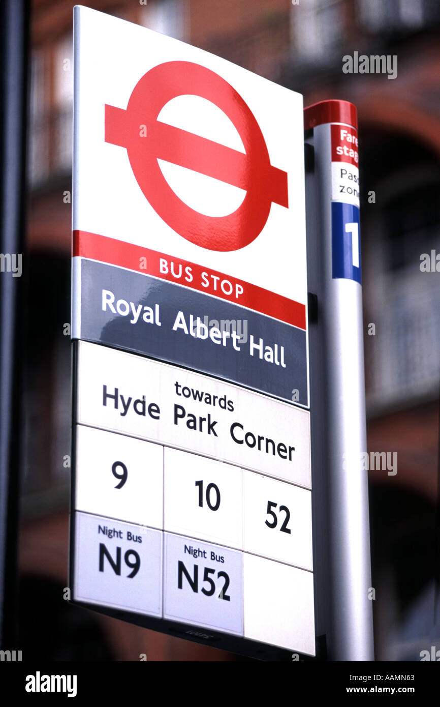 Bus stop sign in Kensington, London. Stock Photo