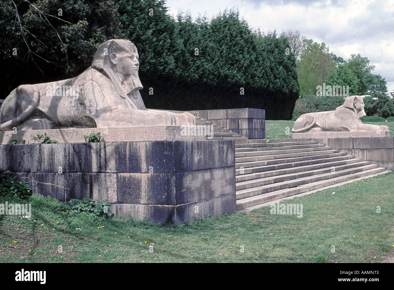 Two of the stone sphinxes that once guarded the steps leading up to the Crystal Palace in south London. Stock Photo