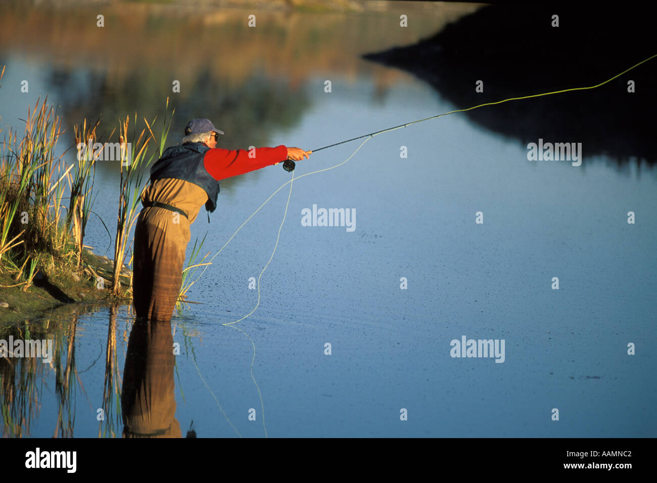 IDAHO Man Fly Fishing in Mountain Lake Sawtooth Mountains near Stanley