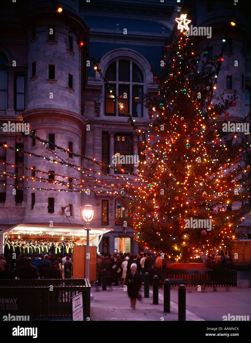 CITY HALL COURTYARD AT NIGHT CHRISTMAS TREE WINTER PHILADELPHIA Stock