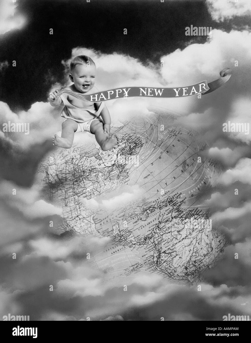 1930s MONTAGE BABY SITTING ON TOP OF THE WORLD EARTH GLOBE IN CLOUDS HOLDING HAPPY NEW YEAR BANNER Stock Photo
