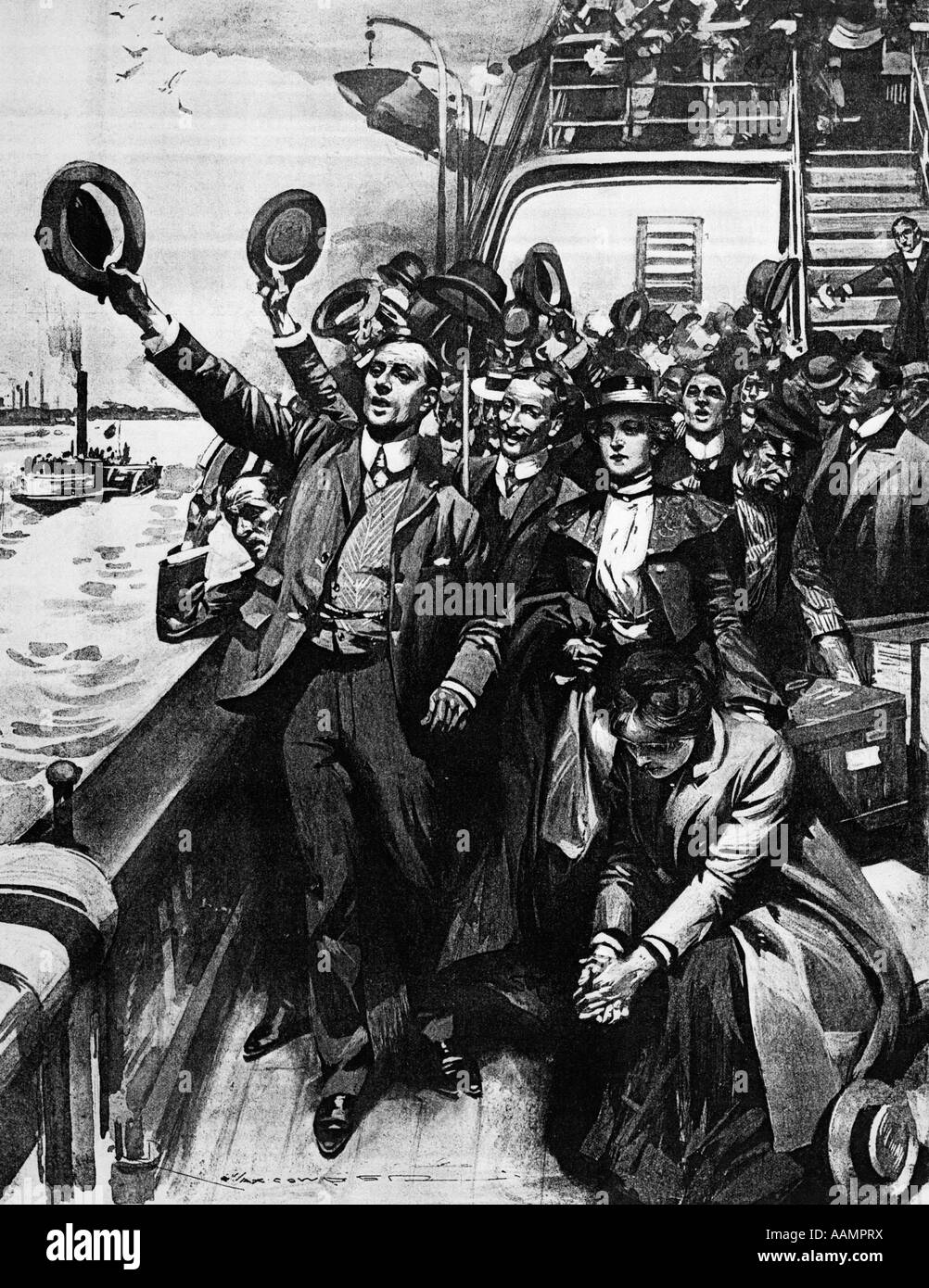 1903 DRAWING OF GROUP OF IMMIGRANTS ON DECK OF SHIP WAVING HATS SAD WOMAN ON LOWER RIGHT Stock Photo