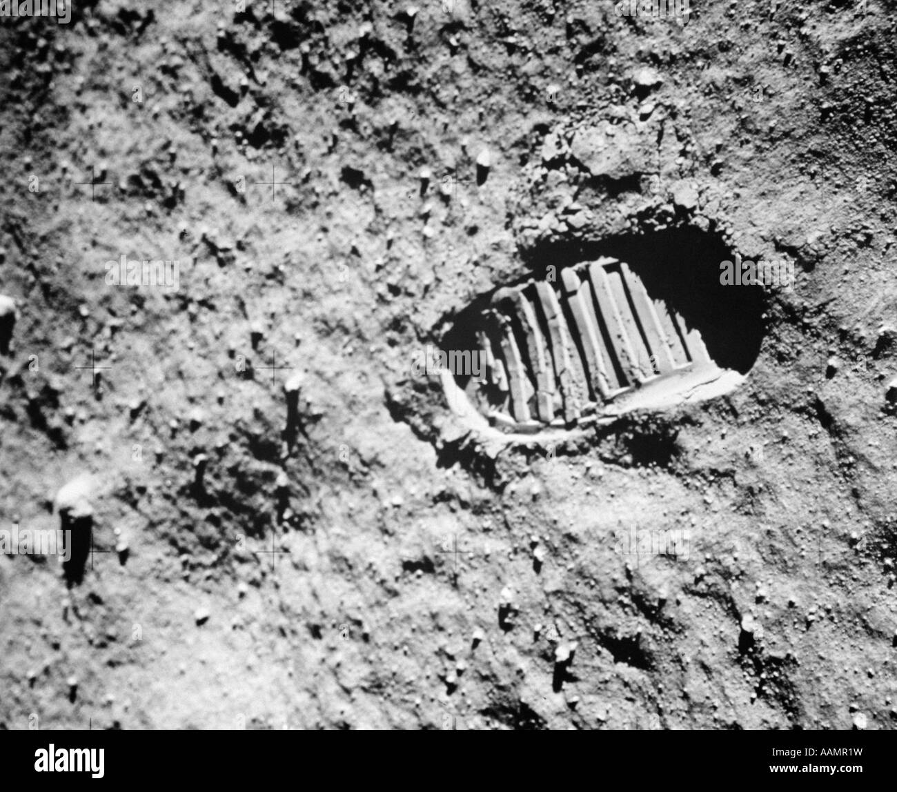 1960s FOOTPRINT OF FIRST STEP ON MOON'S SURFACE FROM APOLLO 11 MISSION Stock Photo