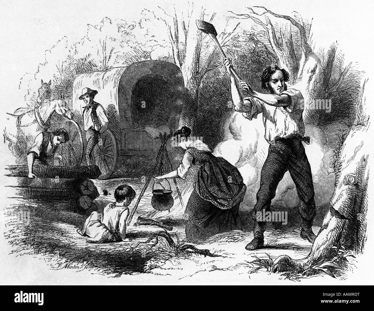 1800s DRAWING FRONTIER PIONEER SETTLERS MAN WITH AX CHOPPING TREE WOMAN CHILD AROUND CAMP FIRE AND CONESTOGA COVERED WAGON IN Stock Photo